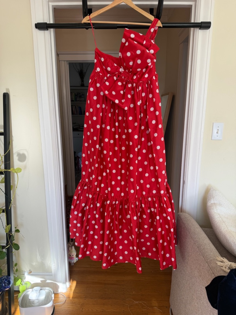 Anthropologie Red & White Polka Dot One-Shoulder Midi Dress - Picture 4 of 6
